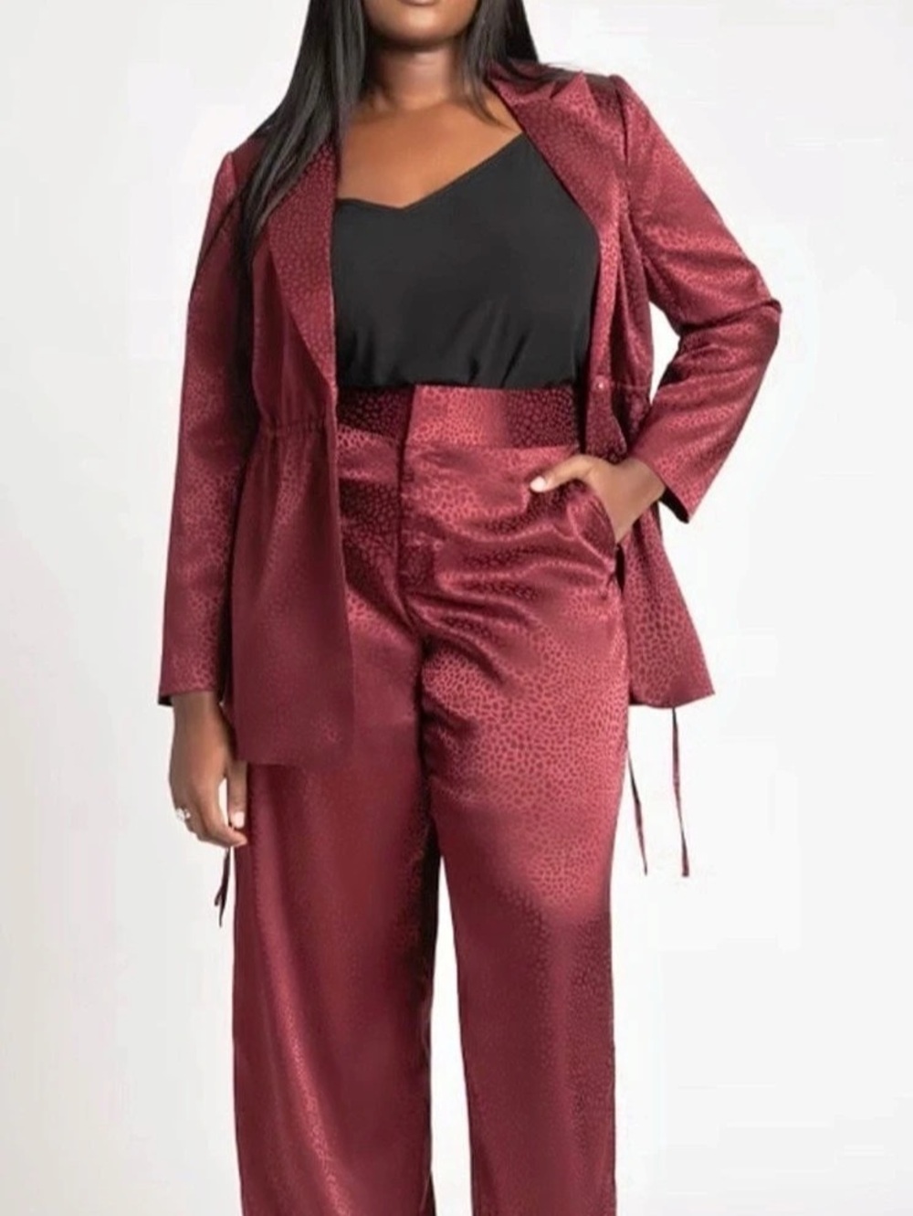 ELOQUII Textured Satin Wide Leg Pant Animal Print Burgundy Waist 20